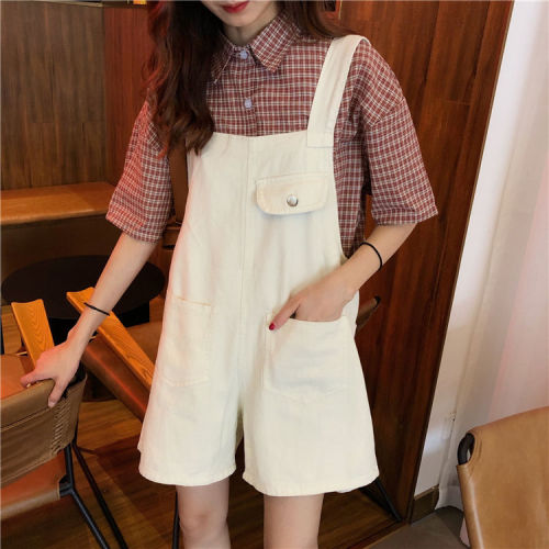 Summer new Korean BF student loose and versatile young denim belt pants women show thin wide leg shorts Jumpsuit