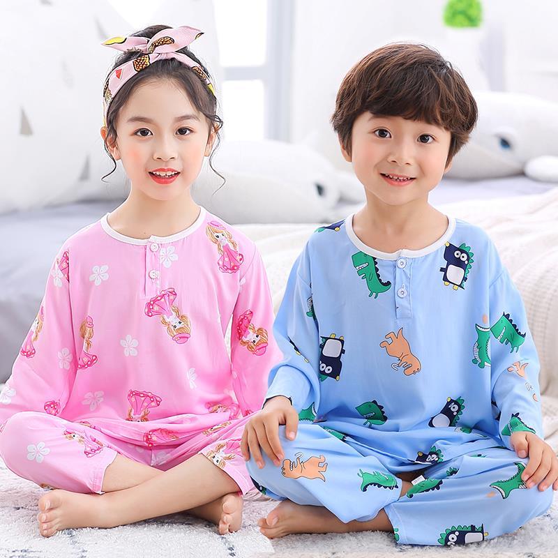 Children's cotton silk pajamas summer thin boys and girls children's cotton baby children's long sleeve suit silk air conditioning home clothes