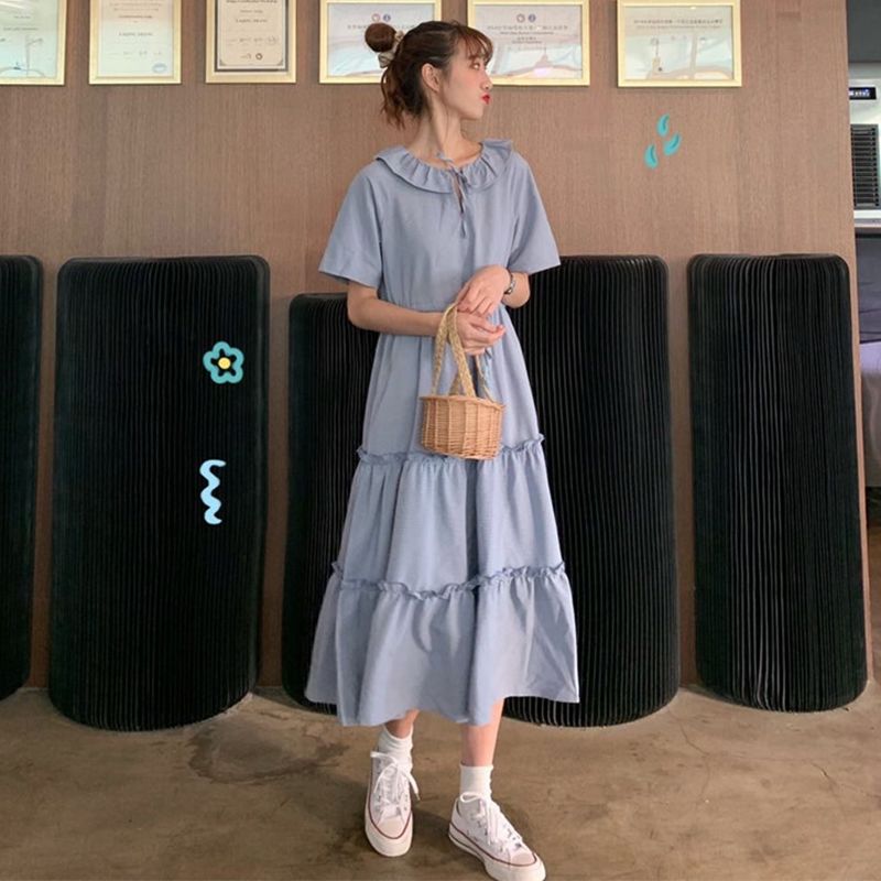 School style 2020 summer new French Platycodon medium long skirt short sleeve dress girl student lace up high waist skirt fashion