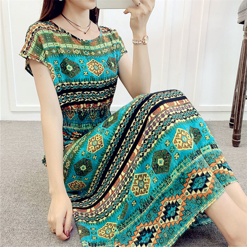 85-160kg cotton silk dress Bohemian medium length bat sleeve crew neck print Holiday Beach Dress