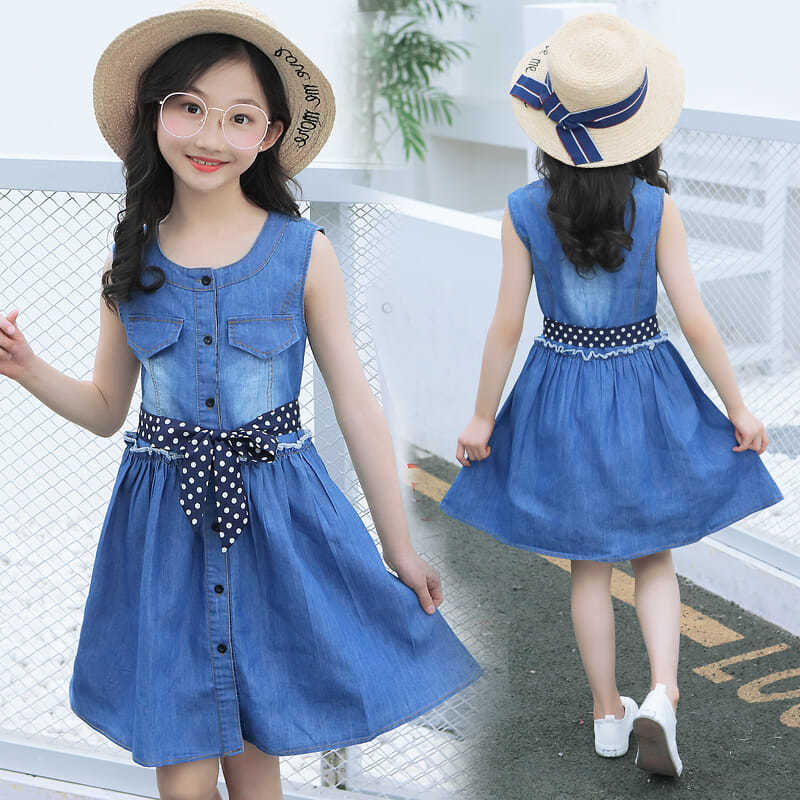 Girls' summer dress 2020 new fashion dress for middle and large children, little girl denim skirt 12-15 years old fashionable 7