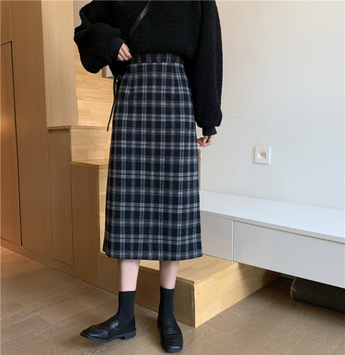 Real price woolen skirt women's autumn and winter mid length retro plaid skirt with split hips skirt