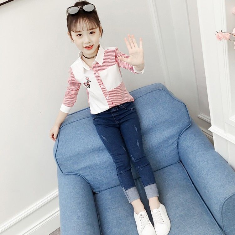 Girls' shirt 2020 spring and Autumn New Long Sleeve Striped children's Shirt Girls' fashion casual top foreign style children's wear