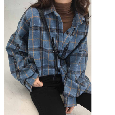 Shirt new style early autumn spring winter women's dress retro Hong Kong Style lazy top loose Plaid Long Sleeve Shirt