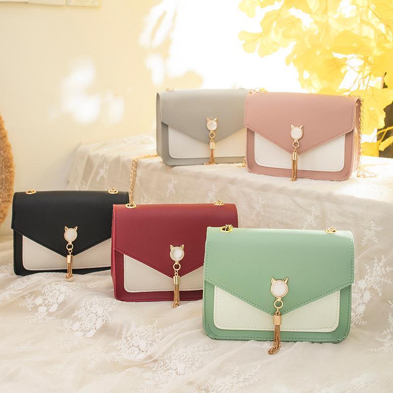 Fashion cat's ear pearl tassel color contrast small square bag chain bar single shoulder women's bag cross arm mobile phone zero Purse Gift