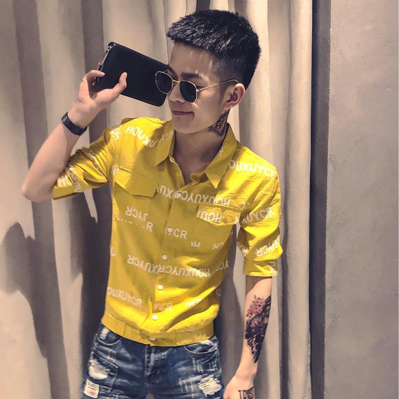 Social people's seven point short sleeve shirt men's medium sleeve summer printed shirt hairdresser's net red five point sleeve inch shirt