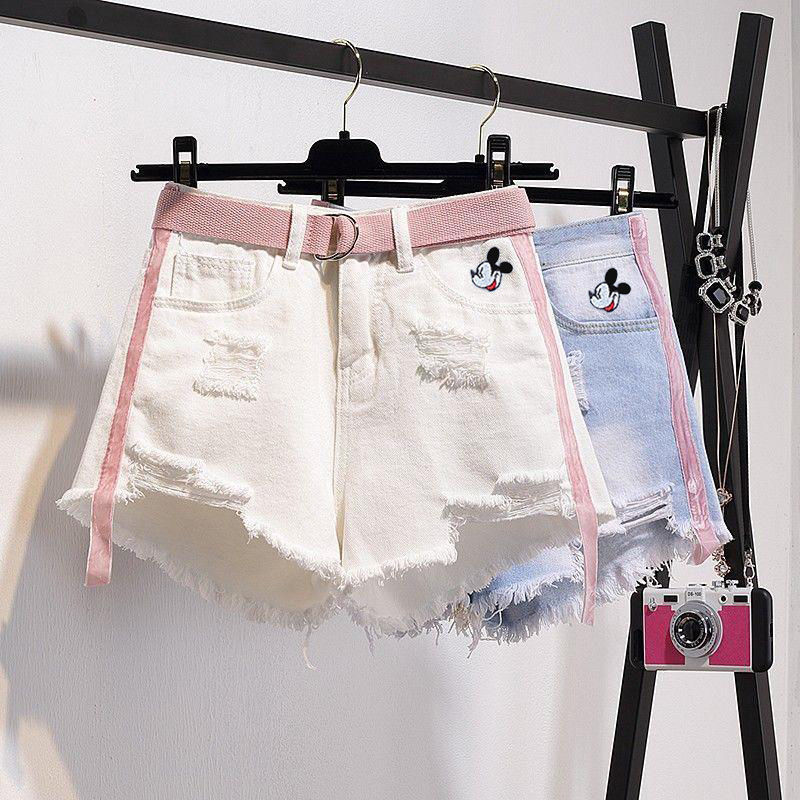 [free belt] 2020 new type of broken hole denim shorts for women summer Mickey loose fat mm High Waist Wide Leg hot pants woman