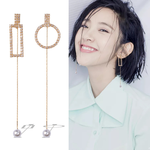 Europeans and Americans exaggerated pendant Pearl Earrings female long personality geometric Earrings Korean temperament S925 silver needle