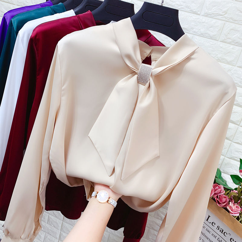 Bright diamond bow tie tie long sleeve Satin Chiffon shirt women's autumn small bow tie loose thin base pullover shirt