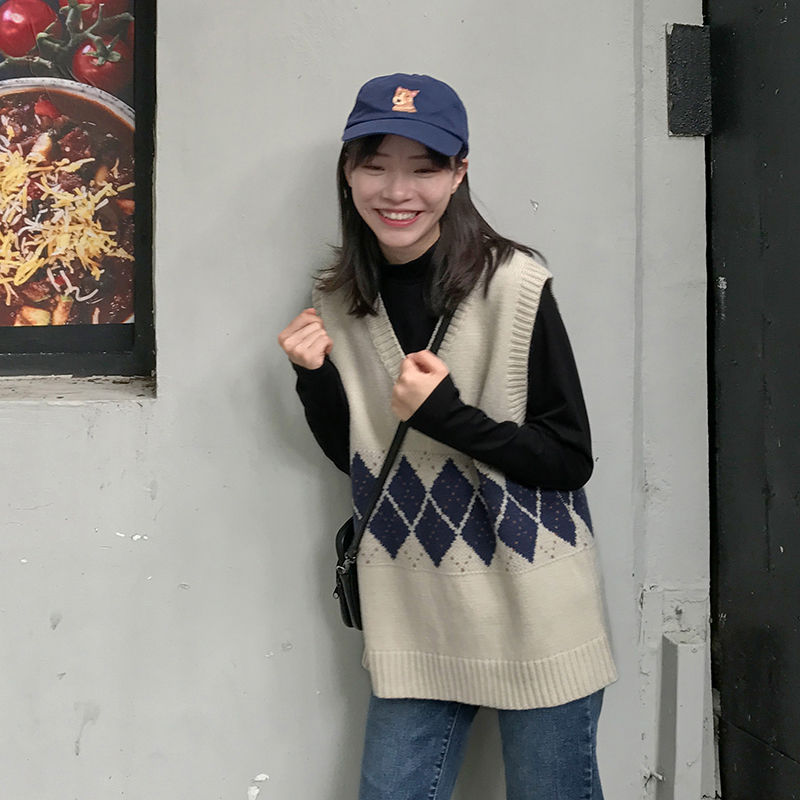 Diamond lattice wool knitted vest V-neck 2020 spring and autumn retro loose sleeveless vest Pullover Sweater female student