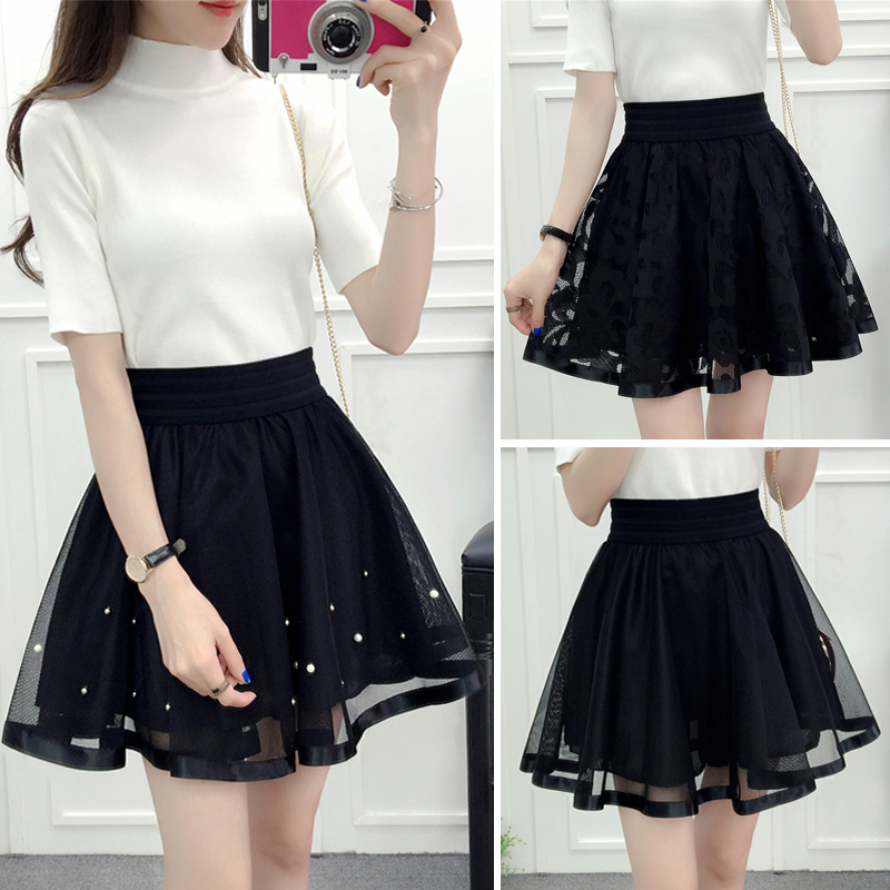 Spring and summer new net yarn short skirt Korean version elastic waist versatile fluffy skirt A-line high waist lace skirt skirt pants women