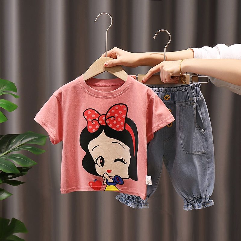 Girls' summer suit 2020 new foreign style short sleeve children's summer net red Denim Capris two piece set