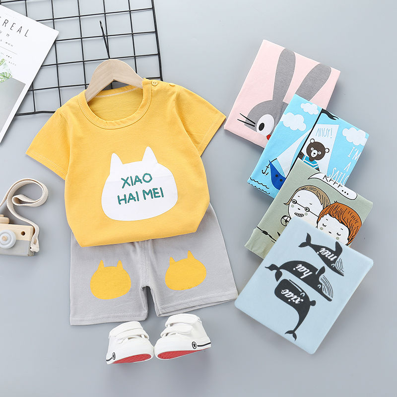 Children's suit short sleeve T-shirt shorts cotton boys and girls' top 1-2-3-4-5-6-year-old two piece summer