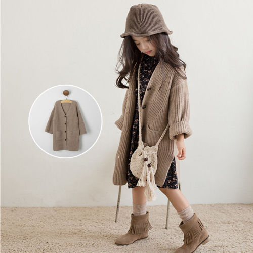 Girls' sweater cardigan 2020 new autumn dress new children's Korean version of medium and large children's medium length thick thread knitted coat