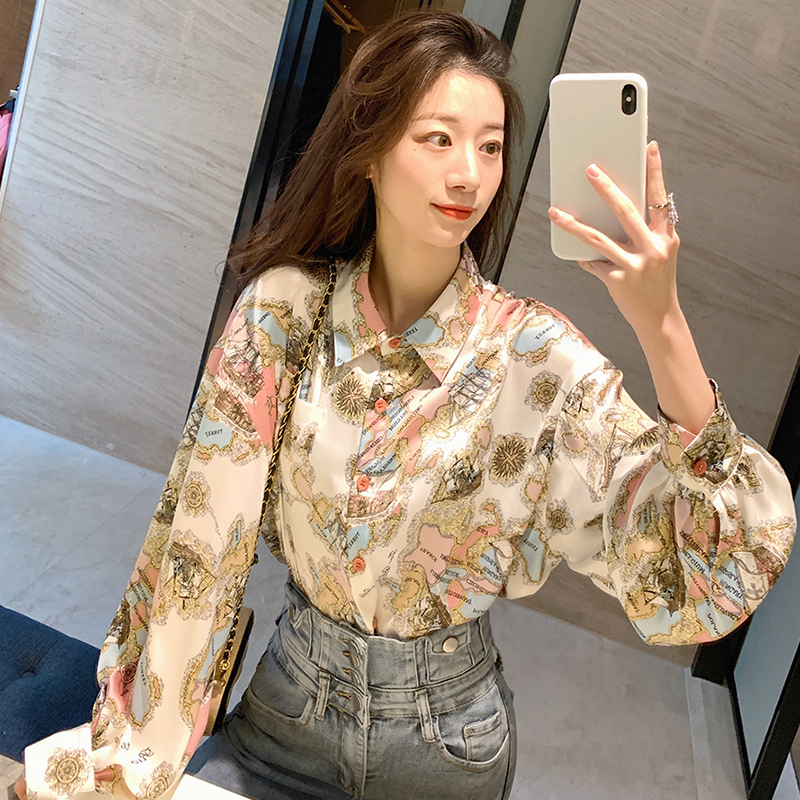 Guoguojia women's spring dress 2020 new long sleeve printed shirt design sense small Hong Kong flavor shirt foreign style