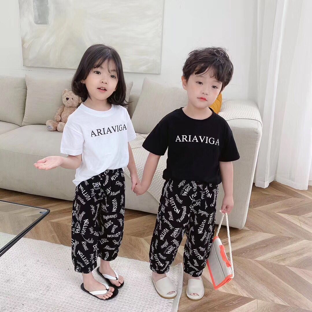 100% cotton T-shirt summer children's wear boys and Girls Summer children's suits medium sized children's foreign style short sleeve mosquito proof pants