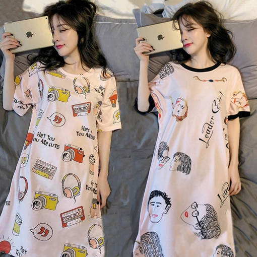 Women's summer cute cartoon short sleeve nightdress women's loose and enlarged size nightdress women's summer home wear