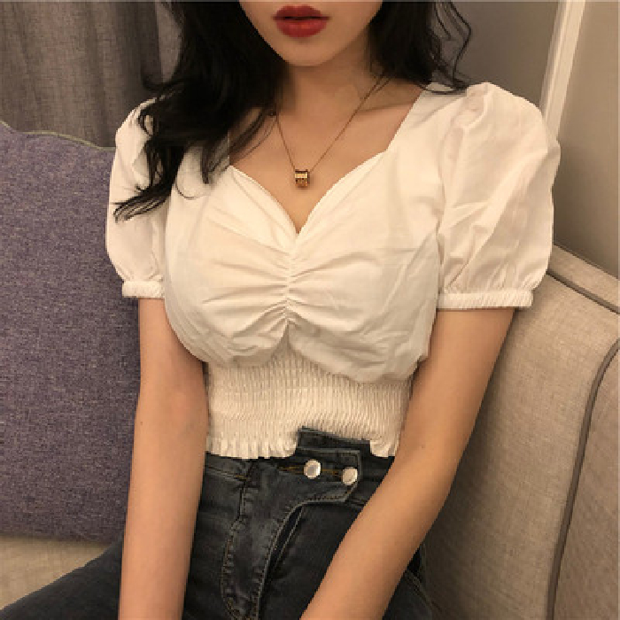 New slim short V-neck show chest bubble short sleeve sexy T-shirt with western style and waist collection top blouse for women