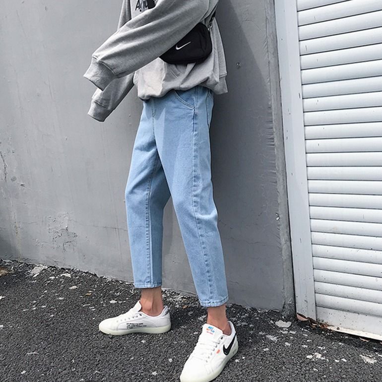 Autumn straight cropped jeans men's Korean fashion loose Harem Pants students' light color Capris winter