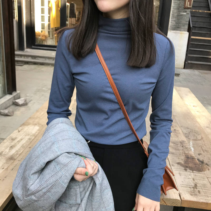Half high collar bottom up shirt over long sleeve top female students' Korean slim fit large autumn and winter new women's T-shirt