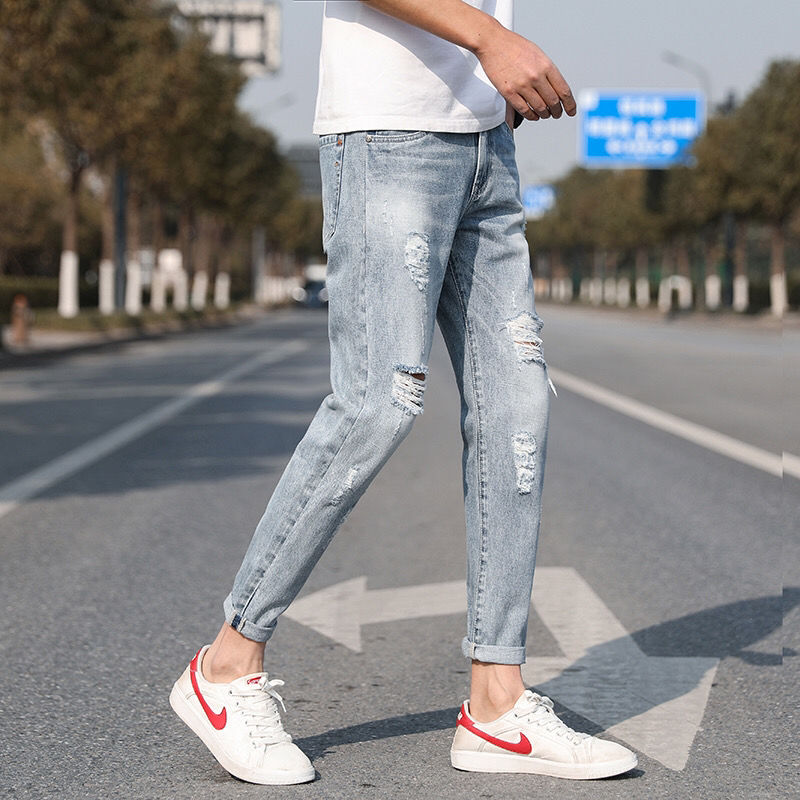 Hole jeans men's fashion label autumn slim fit small feet casual beggars' pants