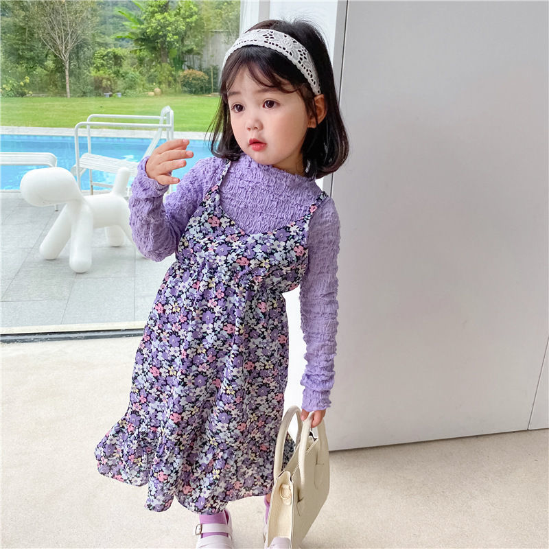 Girls' dress 2020 autumn dress new little girl net red purple flower long bottomed shirt suspender two piece set