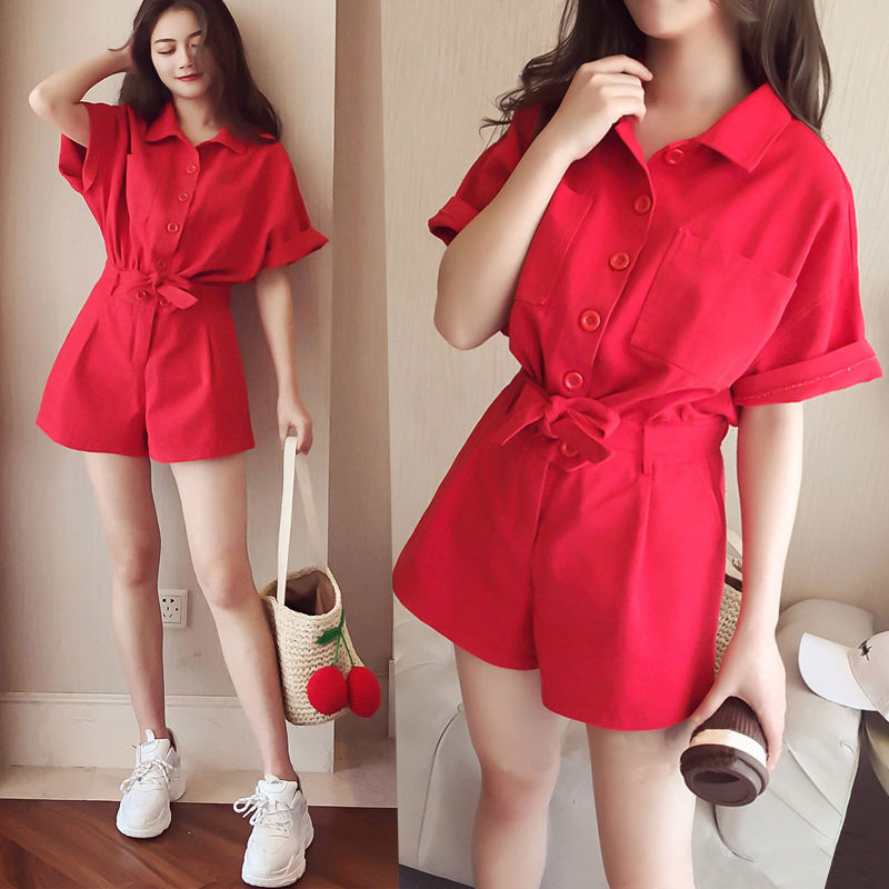 Shirt collar work clothes Jumpsuit women's summer and Korean high waist loose show thin wide leg shorts Jumpsuit casual suit