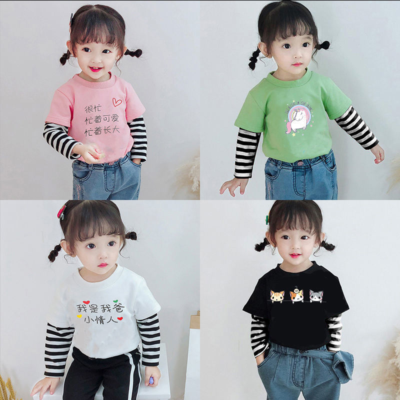 Girls' long sleeve T-shirt children's top new spring and autumn foreign style boys and girls winter fake two piece bottoming shirt trend