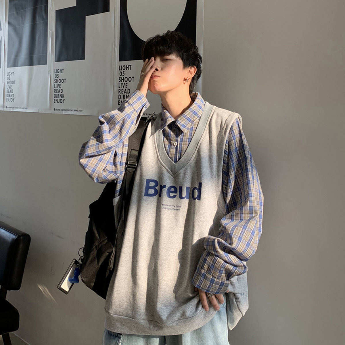 Hong Kong Style ins fake two sweater men's spring autumn loose Plaid Shirt coat
