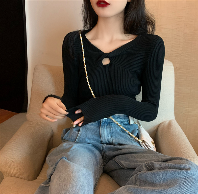 Real price soft waxy solid color thickened long sleeve slim cross knitted sweater