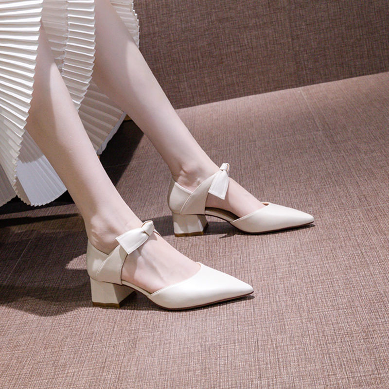 Women's shoes 2020 new fashion pointed head hollow bow 5cm high heels female students thick heel sexy fashion single shoes