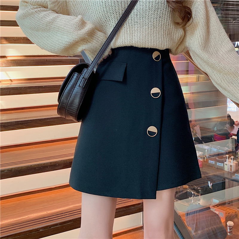 Real shot autumn and winter style versatile skirt with irregular short skirt with high waist and thin A-line skirt