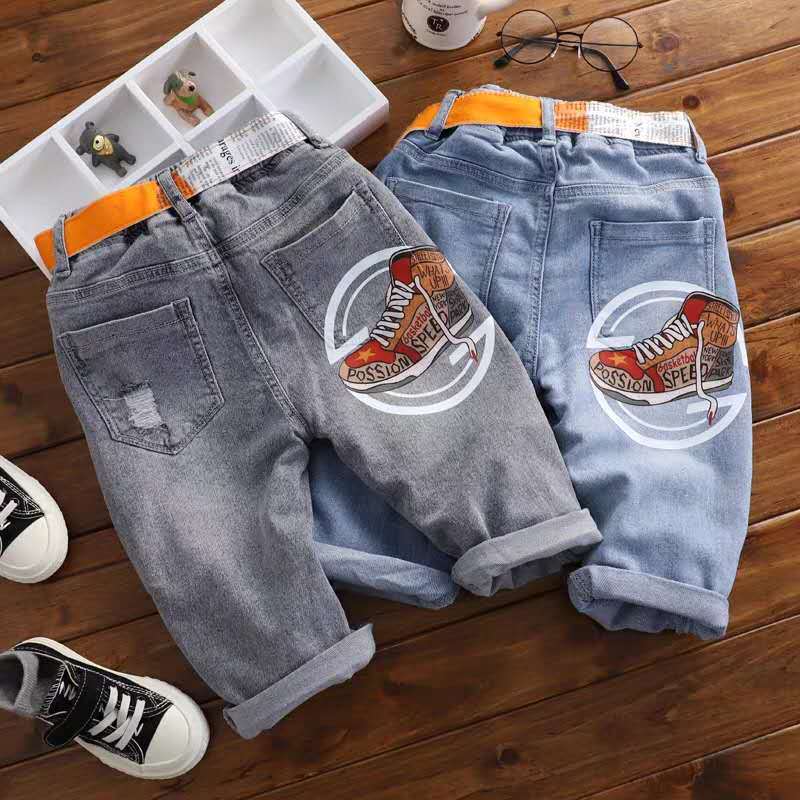 Boys' 2019 summer new soft denim pants children's Capris medium sized children's perforated shorts thin children's fashion