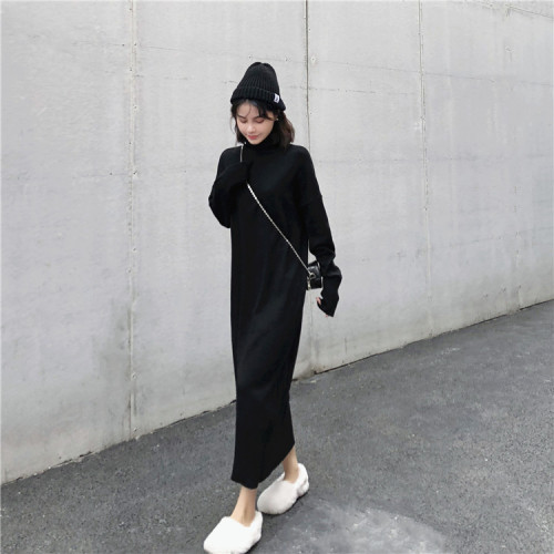 Korean version of knitted high-collar dress with loose and slim bottom skirt and sweater mid-long skirt