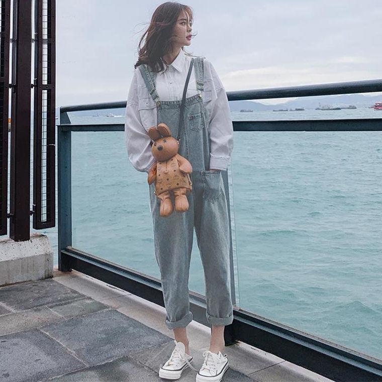 Denim strap pants women's summer new 2020 student's loose ins versatile wide feet show thin holes pants