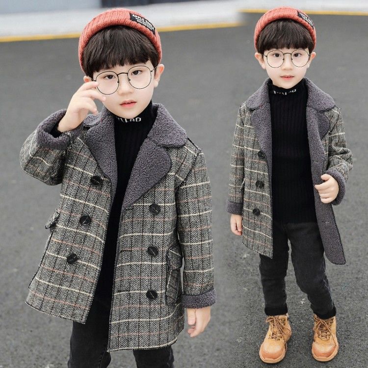 Boys' tweed coat medium long Plush thick coat autumn winter 2020 new Korean children's wear children's woolen coat