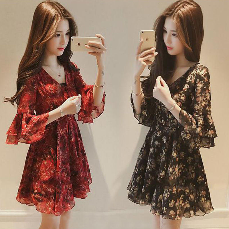 Red small short skirt women's summer 2019 new Floral Chiffon Dress seaside holiday beach skirt Fairy