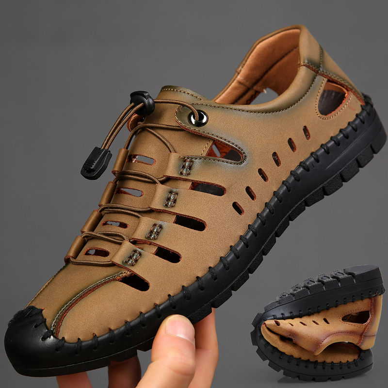 [leather leather] summer men's sandals Beach Outdoor leather sandals men's hole shoes soft soles breathable casual shoes
