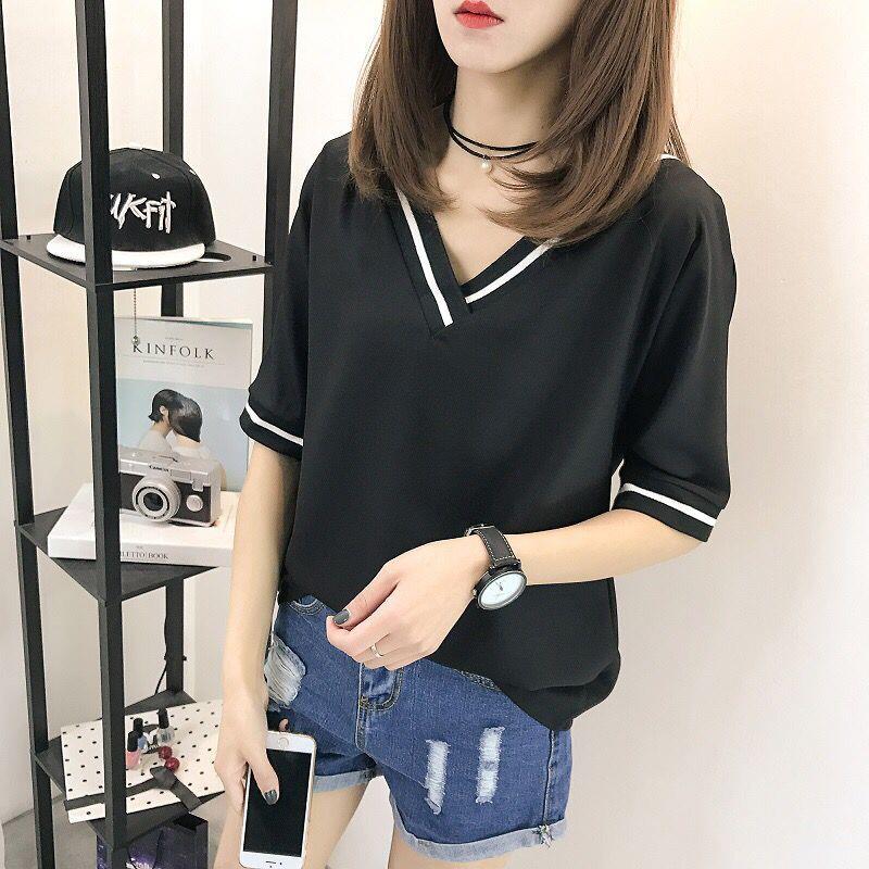 Fat mm summer Korean large chiffon shirt 200kg fat sister medium sleeve T-shirt women V-neck T-shirt 5-point sleeve top