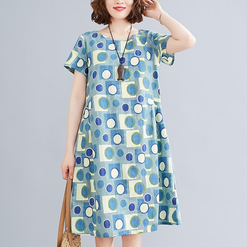 2020 summer new literary and art large wave point printing cotton linen short sleeve dress loose and slim casual mid long skirt