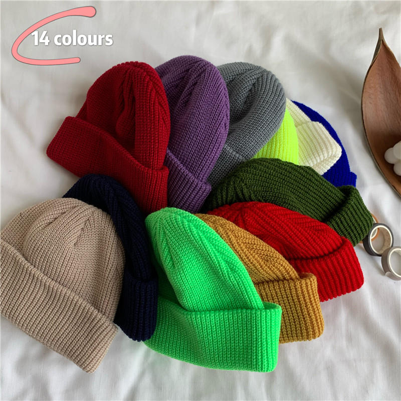 Real shot real price Korean version of autumn and winter lovers makron solid color versatile warm knitted wool melon skin hat control 18