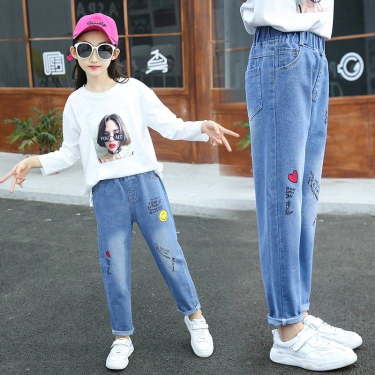 Girls' high waisted jeans 2020 new autumn clothes Zhongda children's Korean style trousers children's autumn casual pants