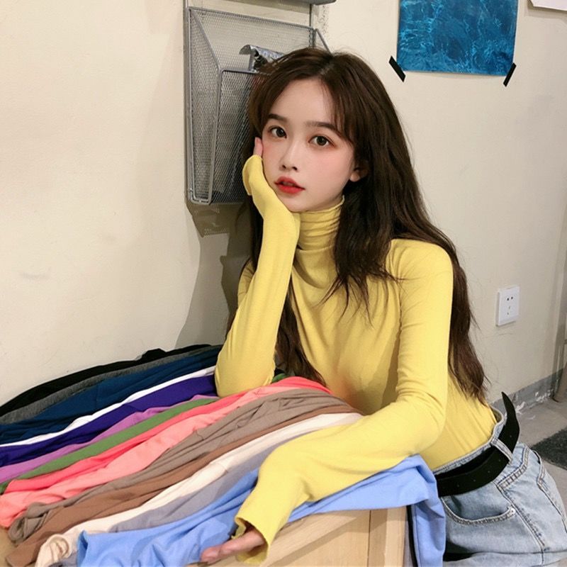Women's spring, autumn and winter top with high collar base coat black versatile thin foreign style white Long Sleeve T-Shirt ins fashion