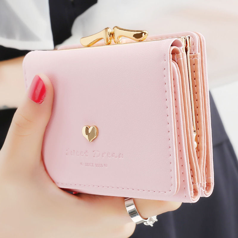 2020 new women's wallet short student card bag buckle three fold purse female multifunctional mini change position