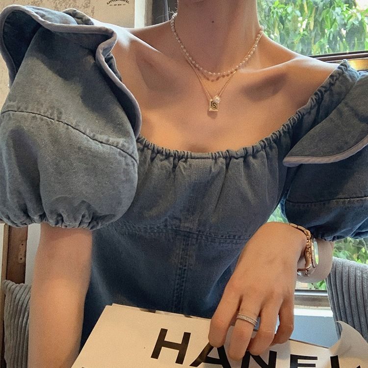 Summer round neck bubble sleeve dress women's 2020 new Hong Kong Style lotus leaf edge age reduction design short denim skirt