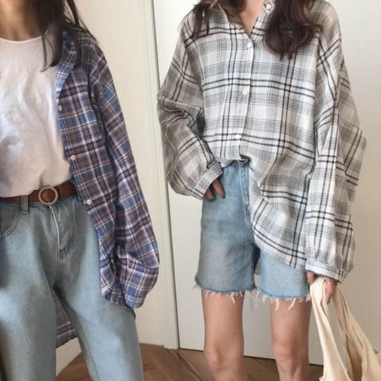 Spring summer Korean Plaid Shirt women's loose and versatile student's homestay BF long sleeve medium length shirt sunscreen coat