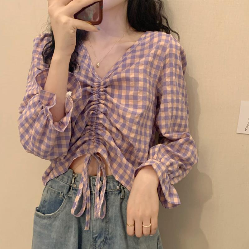 New Plaid V-neck drawstring summer Bubble Sleeve Chiffon Long Sleeve Top Women's fashion in summer 2020