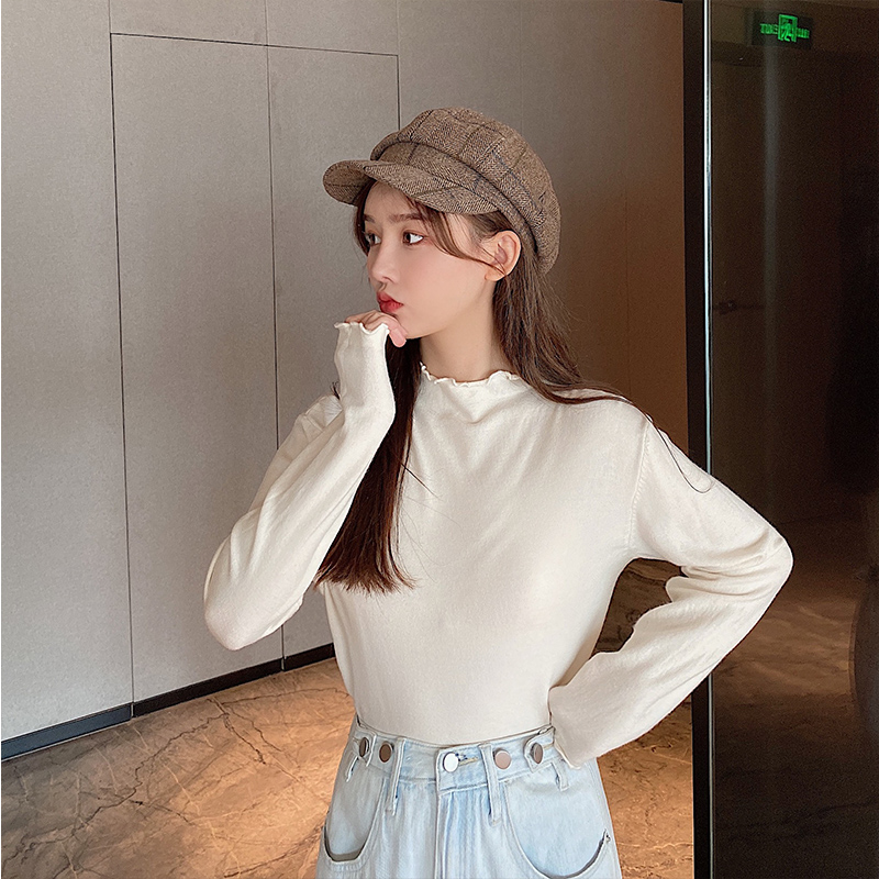 New style loose half high collar long sleeve bottoming top women's Wooden ear sweater