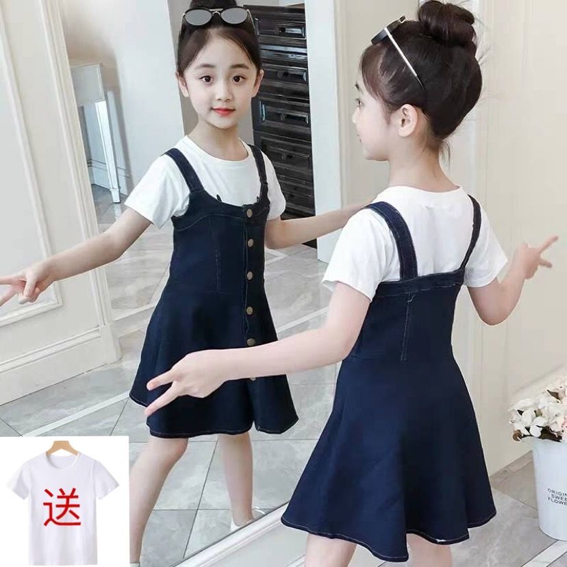 Girl's summer dress shoulder dress children's denim skirt