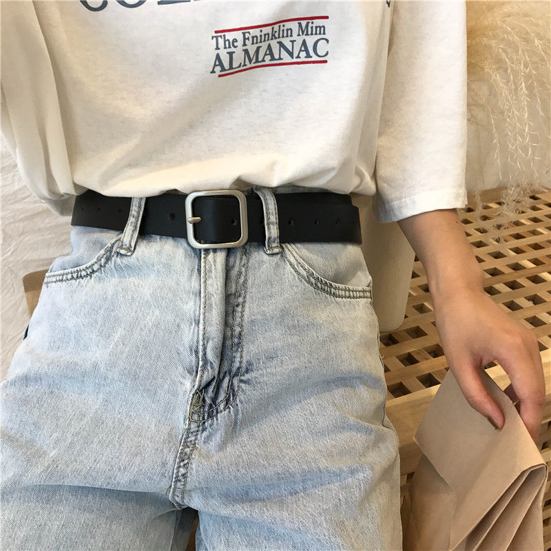 Simple style Pu square buckle belt for men and women wide belt chic Student Korean fashion ins belt versatile black